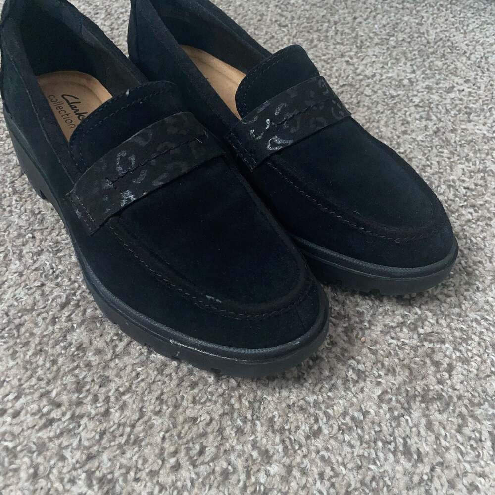 Clarks Collection Calla Ease Black Suede Leopard Print Strap Loafers - Picture 2 of 6